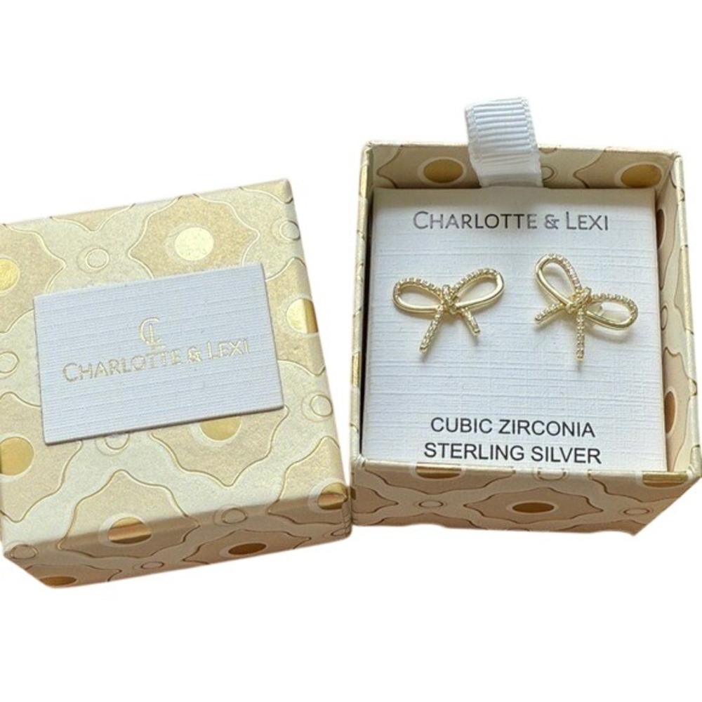 Charlotte & Lexi Bow Stud Earrings Cubic Zirconia Sterling‎ Silver Gold Tone Box